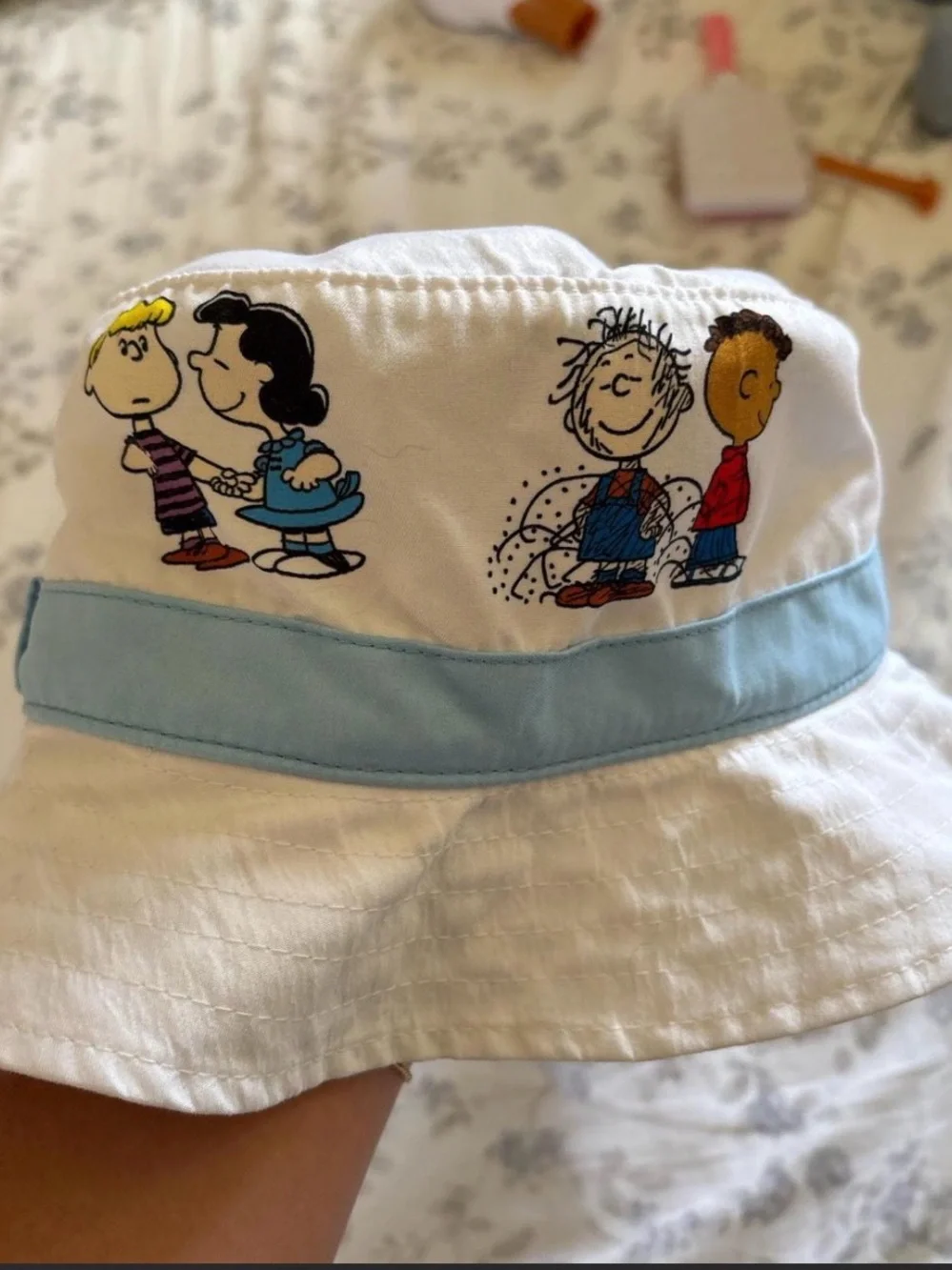 White & Light Blue Kids' Bucket Hat with Cartoon Characters